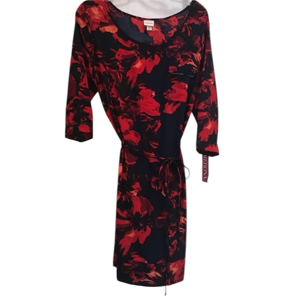 Merona NEW Floral Crew Neck 3/4 Sleeves Belt Oversized Dress Red Black Print L